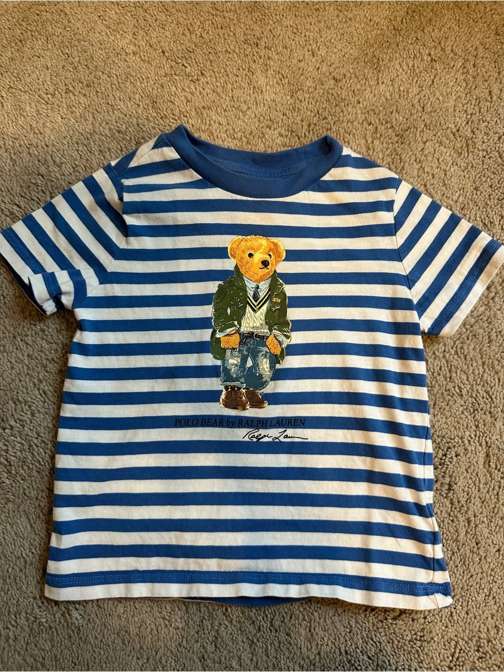 Worn once - 18M Ralph Lauren Blue & White Striped Bear Tee